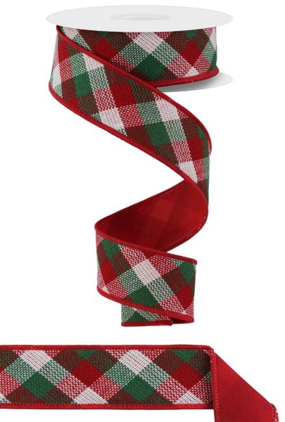 1.5"X10YD DIAG WOVEN CHECK/PG FUSED Color: RED/EMERALD/WHITE