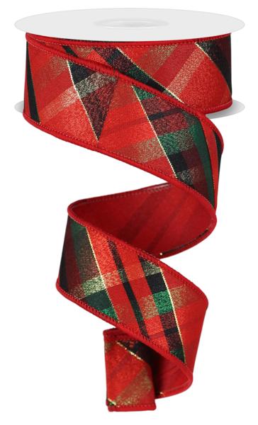 1.5"X10YD MET PLAID/DIAGONAL FUSED BACK RED/GRN/BURG/GOLD - Burlap and Bling Decor