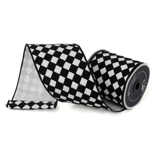 4"X10YD RETRO HARLEQUIN BLACK AND WHITE Ribbon