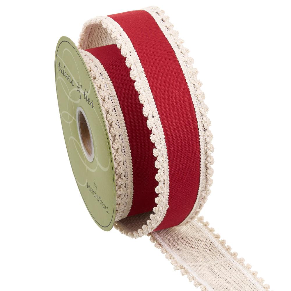 2.5" X 10YD RED CANVAS W/ IVORY LACE TRIM WIRED RIBBON