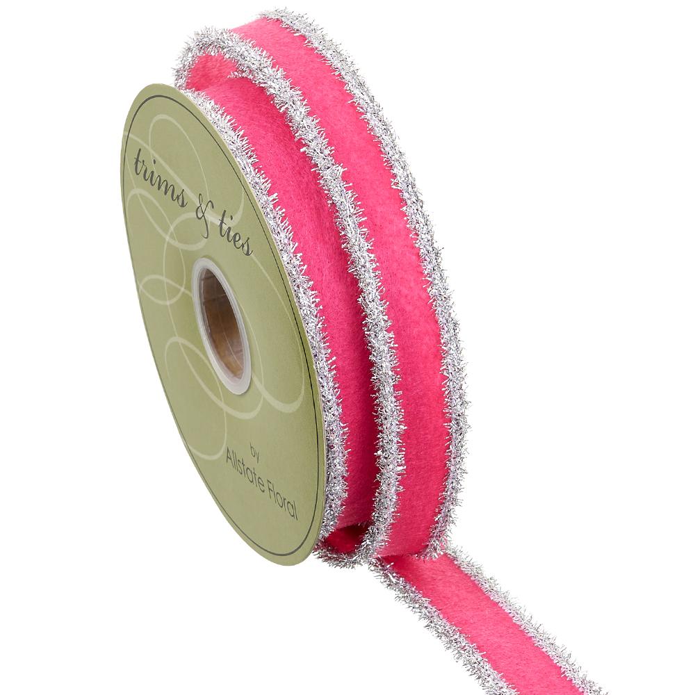 1" X 10YD DARK PINK RIBBON W/ TINSEL SILVER TRIM WIRED RIBBON