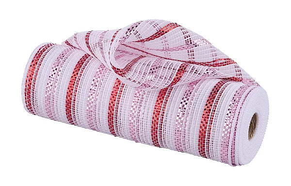 10.25"X10YD METALLIC POLY/FAUX JUTE MESH WHITE/RED/LIGHT PINK