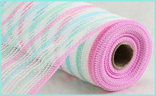 10.25"X10YD FAUX JUTE STRIPE MESH LT BLUE/MINT/LT PINK/WHT - Burlap and Bling Decor