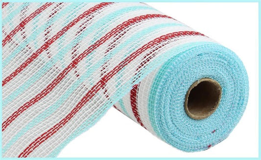 10.25"X10YD FAUX JUTE STRIPE MESH WHITE/RED/ICE BLUE