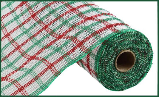 10.25"X10YD FAUX JUTE CHECK MESH WHITE/RED/EMERALD - Burlap and Bling Decor