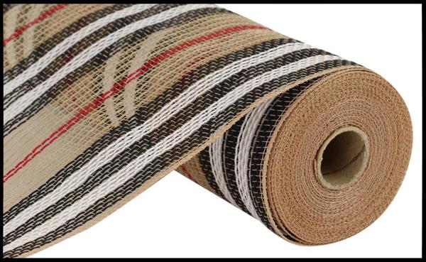 10.25"X10YD JUTE STRIPE MESH NATURAL/BLACK/WHITE/RED - Burlap and Bling Decor