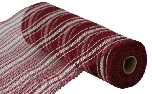 10.25"X10YD FARMHS STRIPE FAUX JUTE MESH BURGUNDY/RED/CREAM - Burlap and Bling Decor