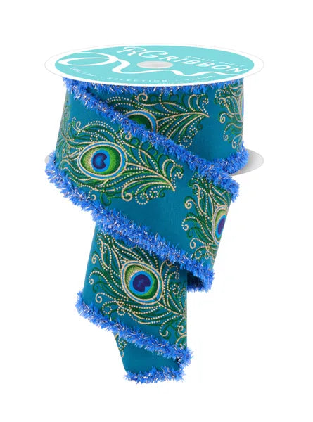 2.5"X10YD PEACOCK FEATHER/DRFT/TNSL DK TEAL/GRN/BLUE/GOLD WIRED RIBBON