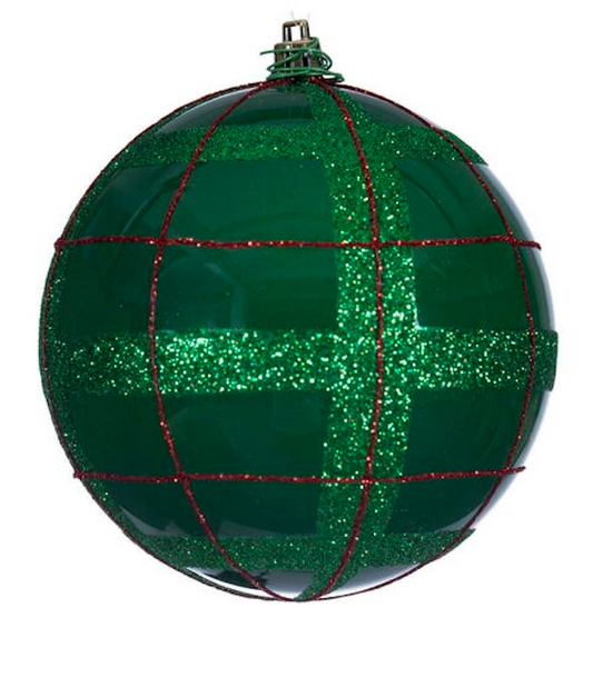 4.75" Green Ball Ornament w/ Green & Red Glitter Plaid