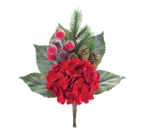 Hydrangea/Pine Pick 18.5"H Red and Green