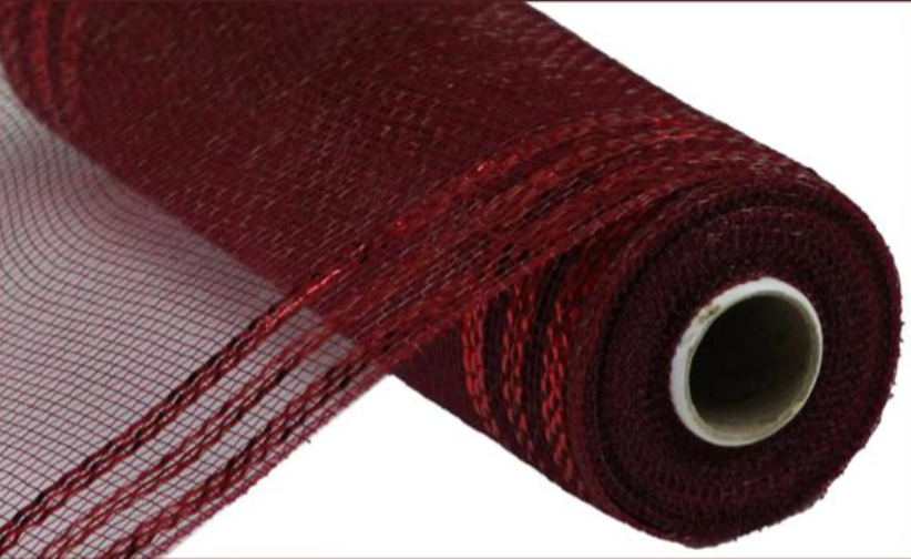 10"X10YD BORDER STRIPE METALLIC MESH BURGUNDY W/RED FOIL - Burlap and Bling Decor