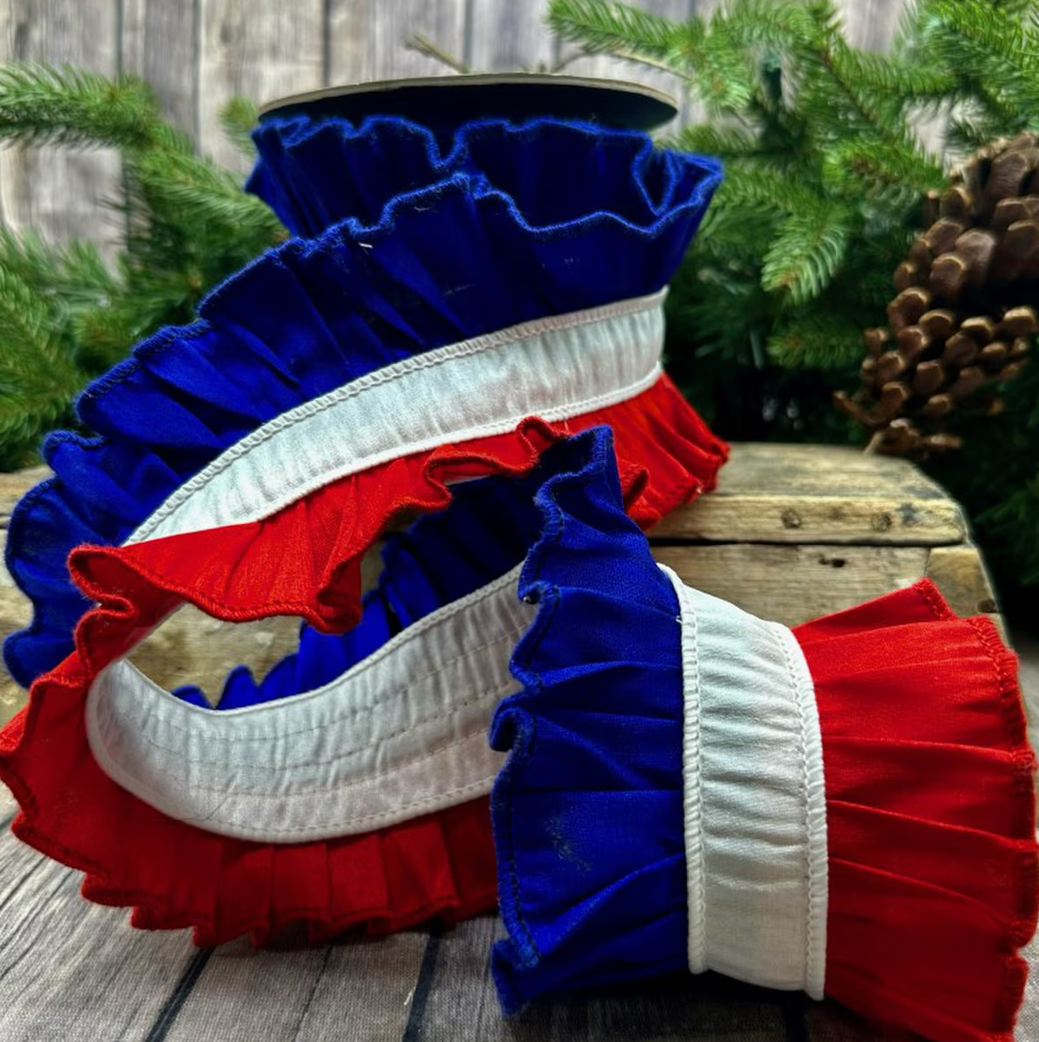 4" x 5yds dupion ruffle, red white royal blue - Burlap and Bling Decor