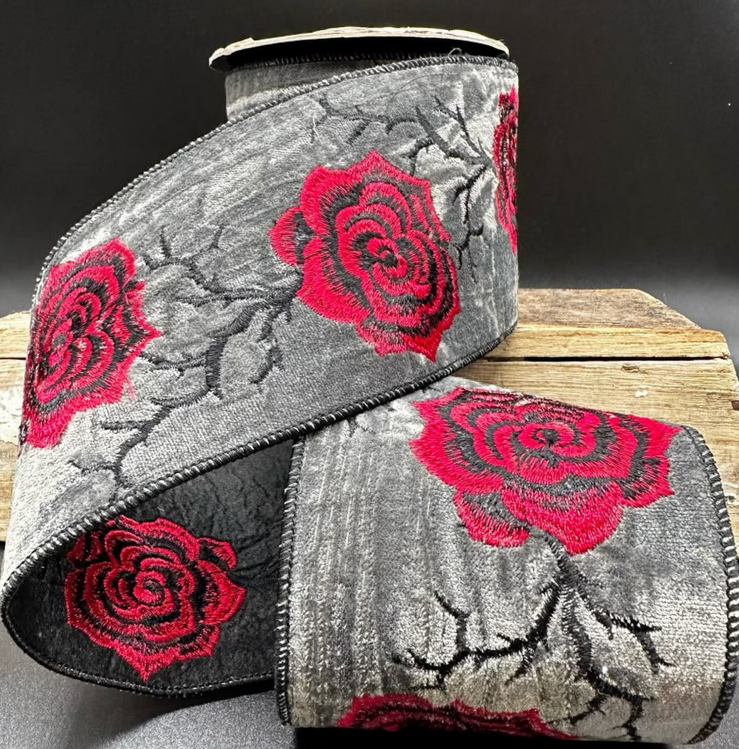 4" x 5yds velvet red embroidery roses, charcoal