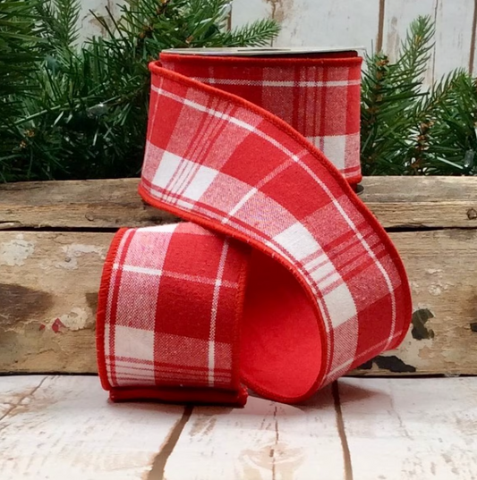 2.5" x 10yds faux linen Scandia plaid, red-white Ribbon