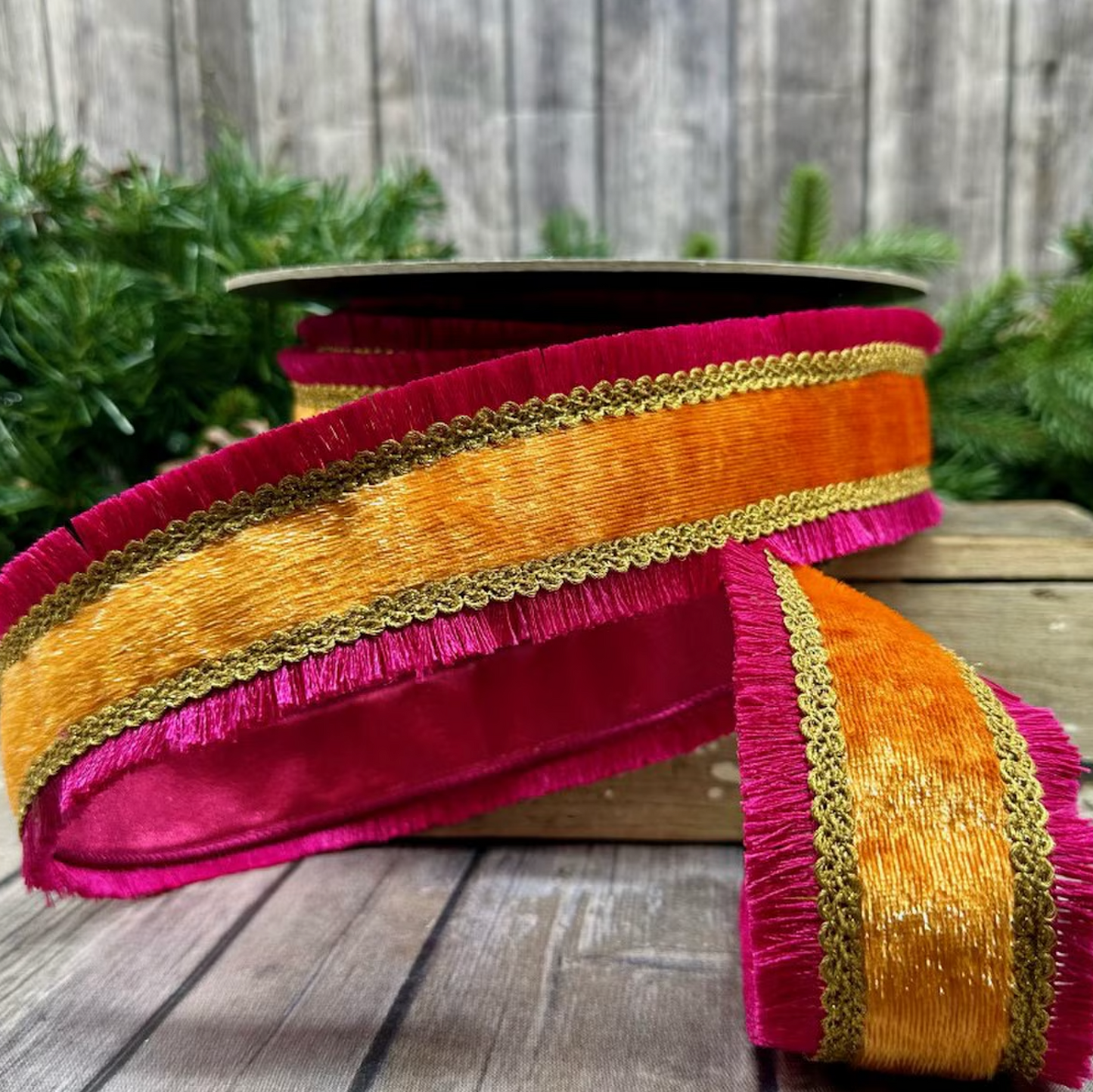 2.25" x 10yds velvet gold trim hot pink fringe edge, orange