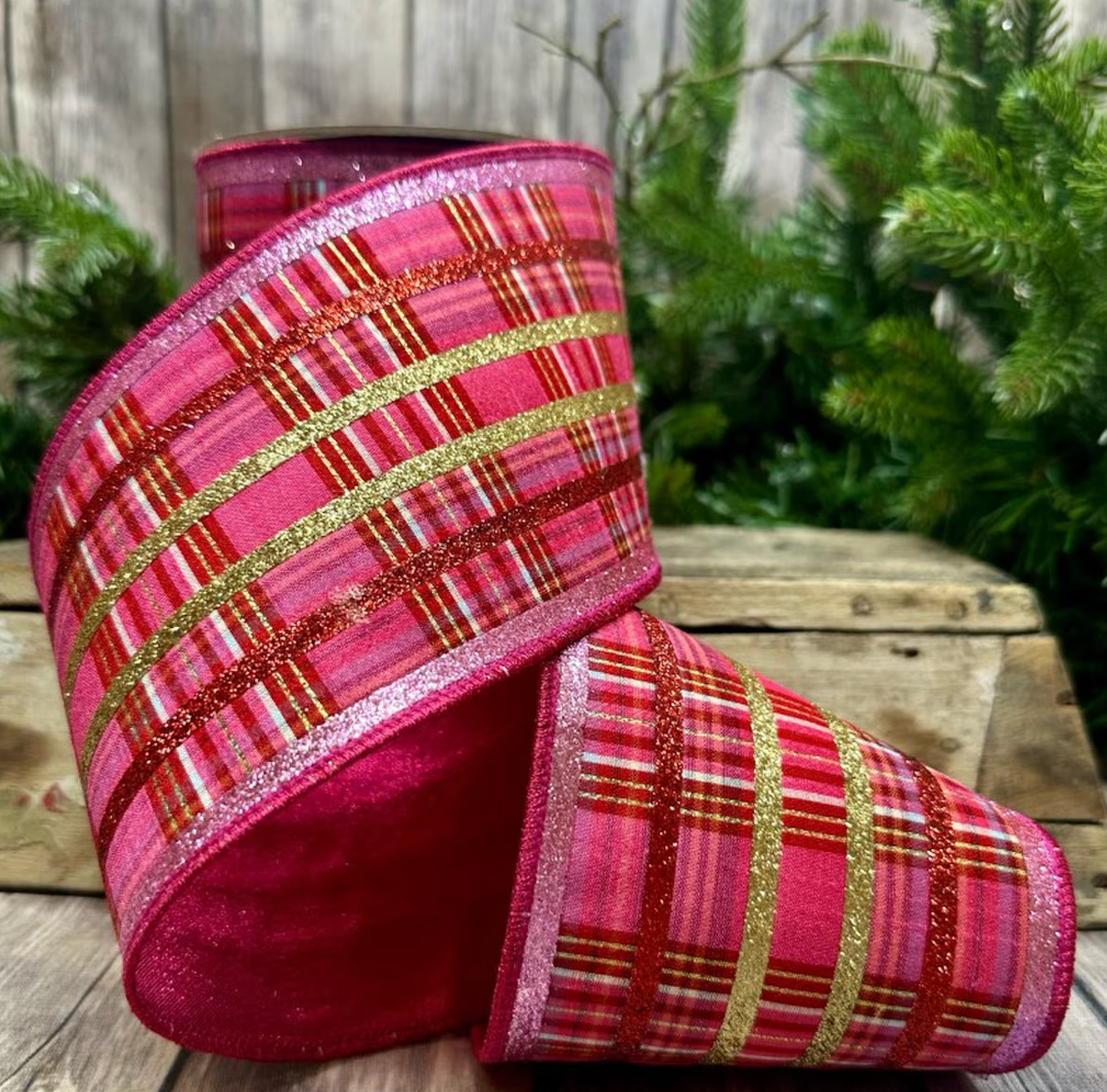 4" x 5yds faux dupion plaid glitter stripe, red pink gold - Burlap and Bling Decor