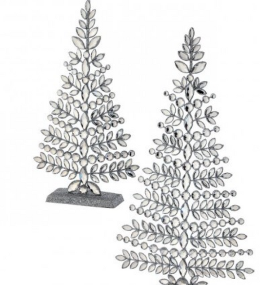 14.5-19" GLITTER WIRE JEWELED TREE SET/2 Silver w/ Clear Jewels