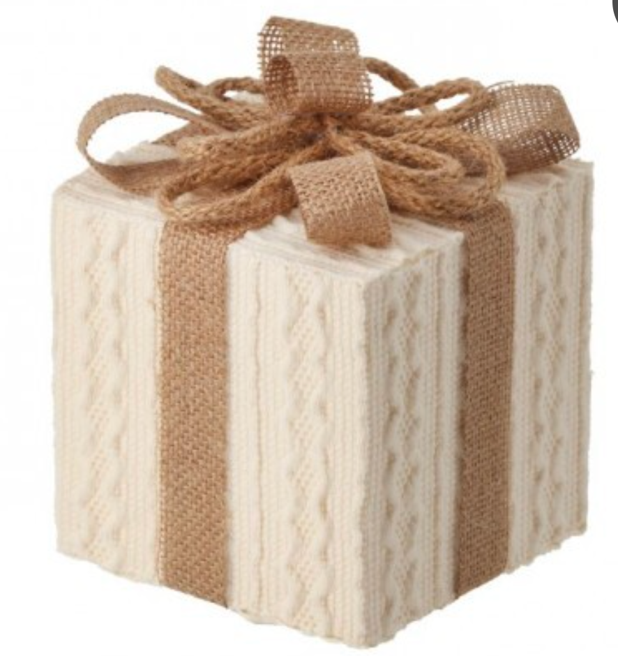 7" SWEATER W/BURLAP TRIM GIFT BOX ORNAMENT Cream Brown