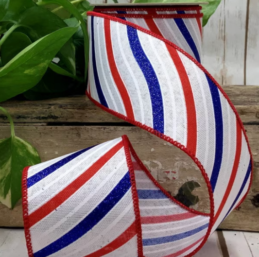 2.5" x 10yds linen patriotic glitter wave, white - Burlap and Bling Decor