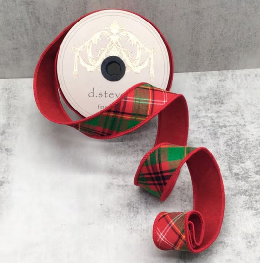 1.5” x 10yds dupion diagonal asher plaid red back, red green white - Burlap and Bling Decor