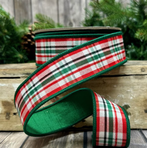 1.5” x 10yds faux wool winterberry plaid, red dark green white - Burlap and Bling Decor