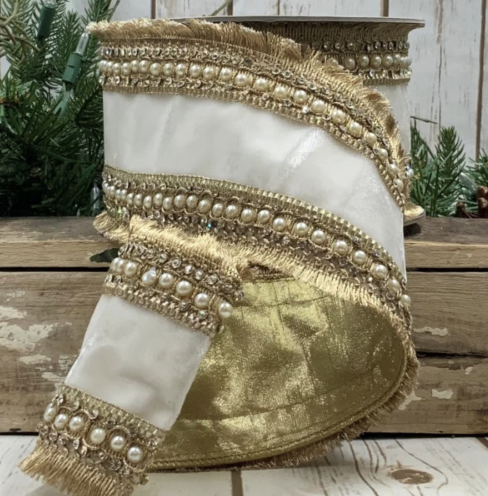 4” x 5yds velvet fringe jewel pearl trim, winter white - Burlap and Bling Decor