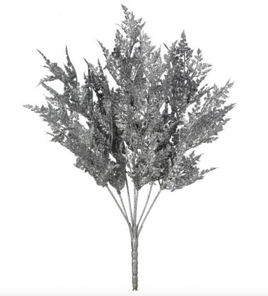 18"WINTER GLITTER FERN BUSH (SHINY SILVER) - Burlap and Bling Decor