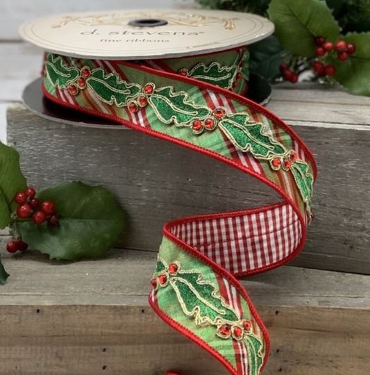 1.5” x 10yds faux dupion North Pole diagonal plaid red check back holly side trim, green-pink