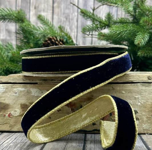 1“ x 10yds lush velvet metallic light gold back, navy blue