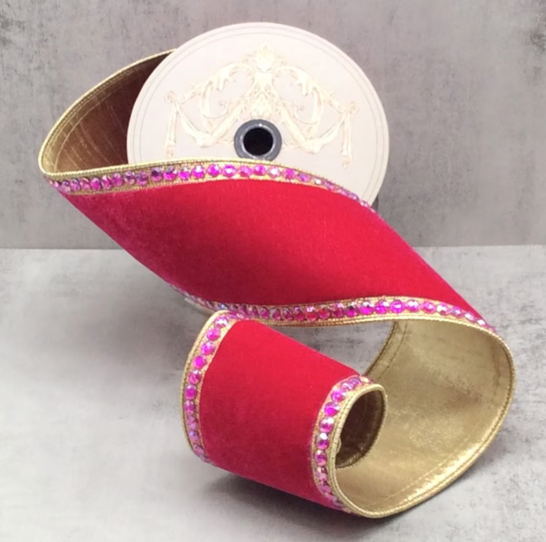 4" x 5yds velvet matching jewel side trim gold back, hot pink - Burlap and Bling Decor