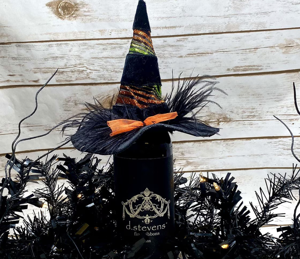 7" velvet sheer glitter witch hat beverage topper, black - Burlap and Bling Decor