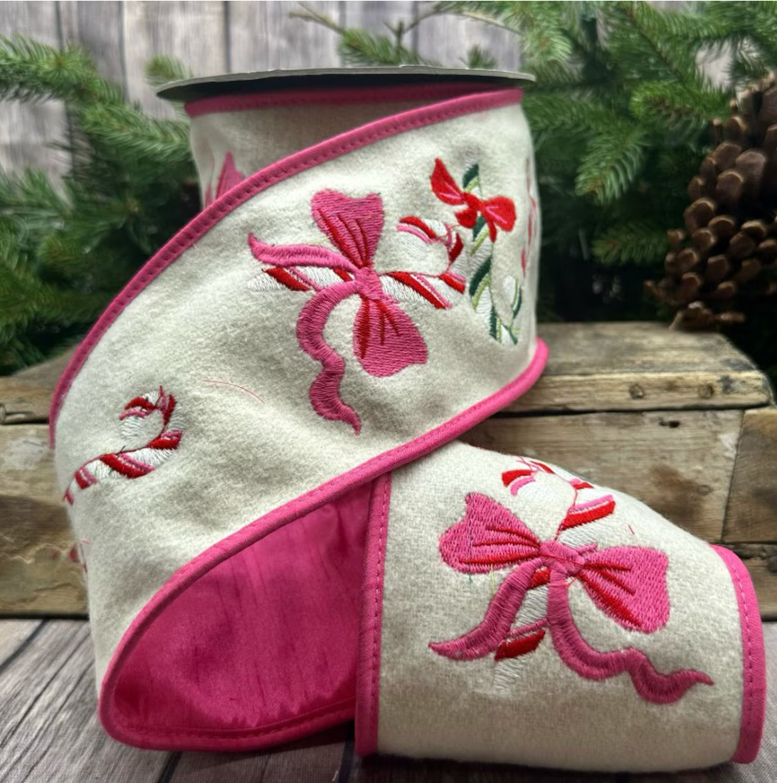 4" x 5 yds wool embroidery candy cane, pink white - Burlap and Bling Decor