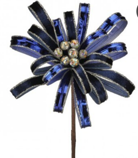 18" GLITTER PETAL LEAF BLOSSOM STEM DARK BLUE CHAMPAGNE - Burlap and Bling Decor