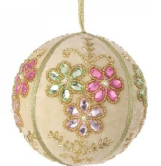 4"TRIPLE FLORAL W/BEAD BALL Ornament IVORY PINK - Burlap and Bling Decor