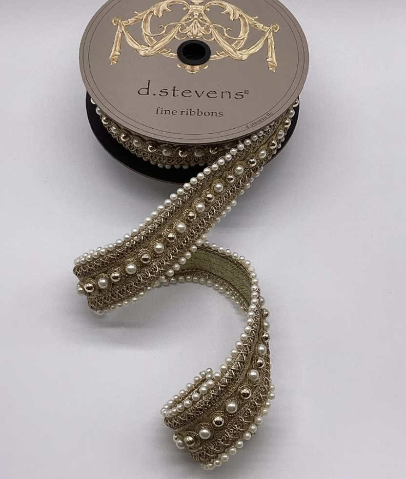 1.75”x 5yds metallic jewel pearl poiret trim, gold - Burlap and Bling Decor