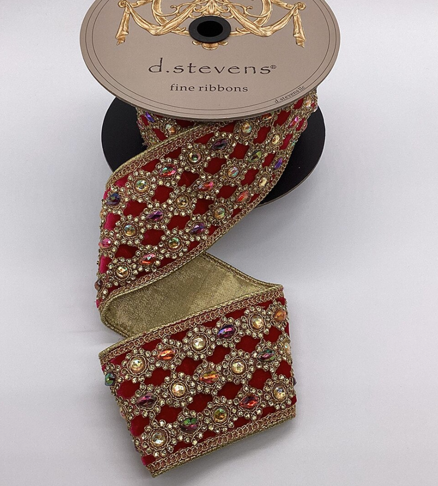 3“ x 5yds velvet burgundy persimmon gold 
marquess jewel trim, wine - Burlap and Bling Decor