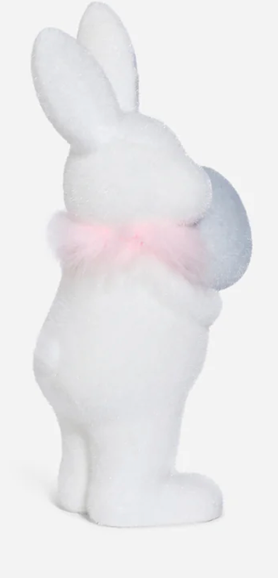 FLOCKED WHITE BUNNY W/EGG, 16" CHOOSE ONE GREEN, BLUE, WHITE OR PINK - Burlap and Bling Decor