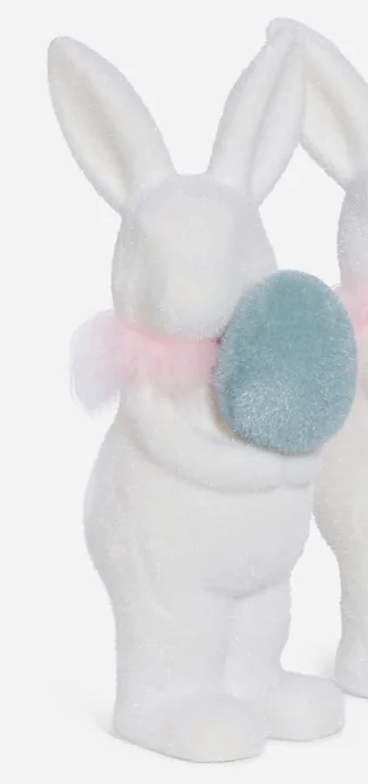 FLOCKED WHITE BUNNY W/EGG, 16" CHOOSE ONE GREEN, BLUE, WHITE OR PINK - Burlap and Bling Decor