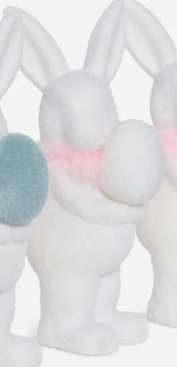FLOCKED WHITE BUNNY W/EGG, 16" CHOOSE ONE GREEN, BLUE, WHITE OR PINK - Burlap and Bling Decor
