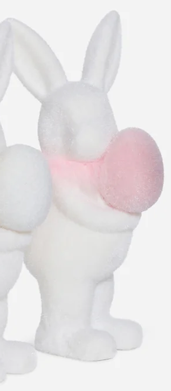 FLOCKED WHITE BUNNY W/EGG, 16" CHOOSE ONE GREEN, BLUE, WHITE OR PINK - Burlap and Bling Decor