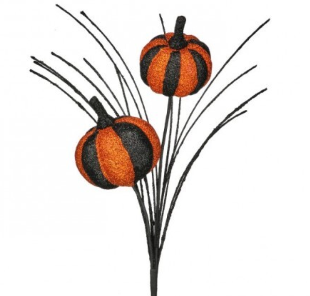 12" GLITTER PUMPKIN PICK Orange Black - Burlap and Bling Decor