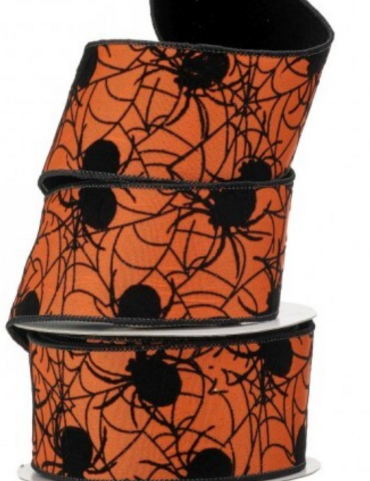 2.5"X10YDS SPIDER W/VELVET WIRED RIBBON Orange Black - Burlap and Bling Decor