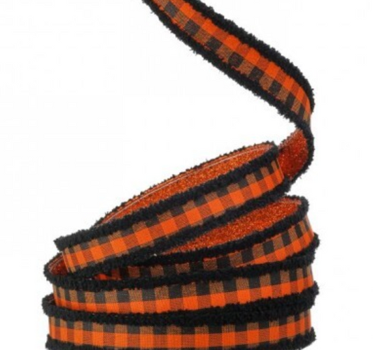 1"X10YDS GLITTER W/PLAID HALLOWEEN WIRED RIBBON Orange Black - Burlap and Bling Decor