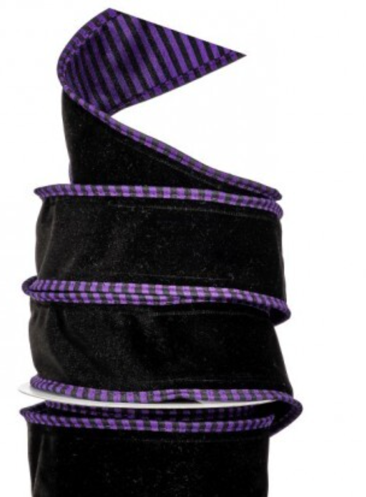 2.5"X10YDS DUPION W/STRIPE WIRED RIBBON Black PURLE - Burlap and Bling Decor
