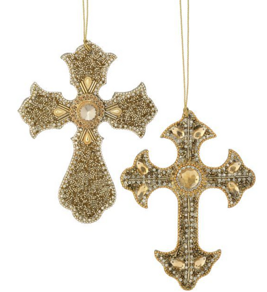 7.5" JEWELED W/BEAD CROSS ORNAMENT 2/AST BZGD