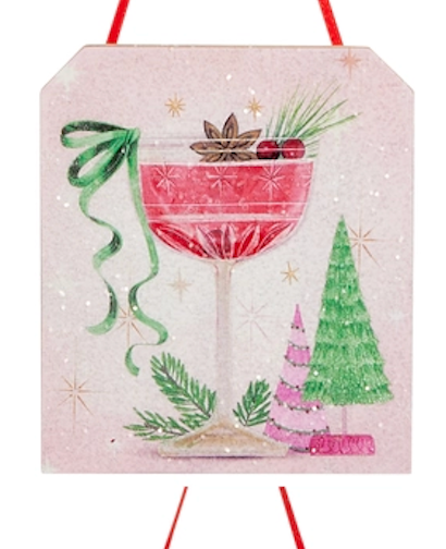 5" HOLIDAY HAPPY HOUR TAG ORNAMENT Choose one Pink, Green, Pink Stripe or Green Stripe