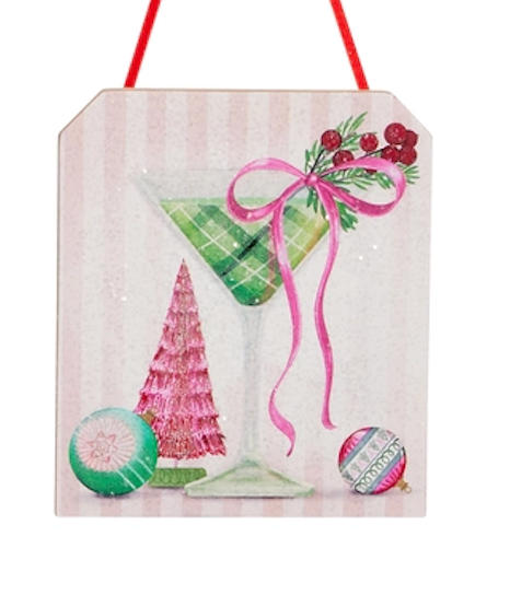 5" HOLIDAY HAPPY HOUR TAG ORNAMENT Choose one Pink, Green, Pink Stripe or Green Stripe