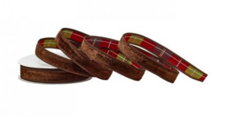 1"X10Y VELVET W/HIGHLANDS PLAID BACKED RIBBON CHOC