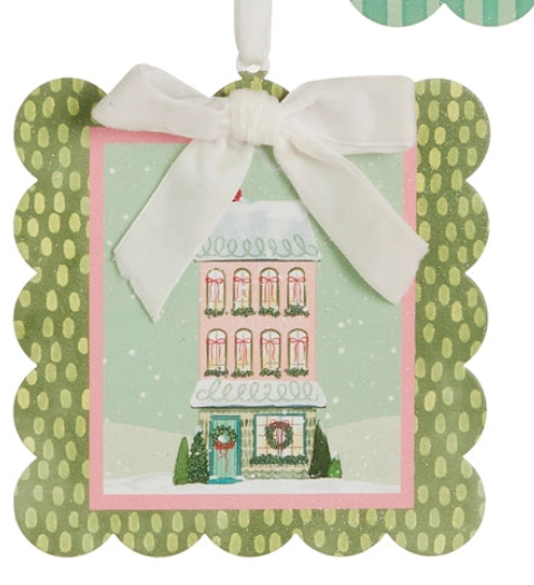 5.75" Snowflake Lane Scalloped Edge Ornament Choose one Pink, Green Dot or Teal Stripe