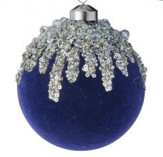 4" VELVET W/ICE SEQUIN BALL ORNAMENT CHOOSE ONE LIGHT BLUE OR NAVY